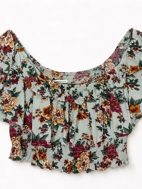 American Eagle Floral Smocked Off-Shoulder Crop Top